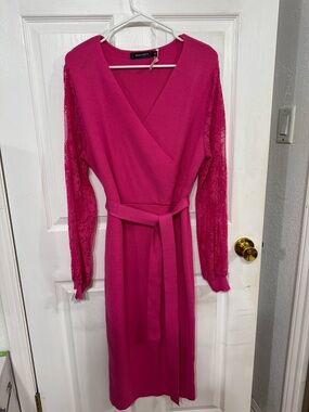 Amazon Fuchsia Lace Sleeve Wrap Midi Dress